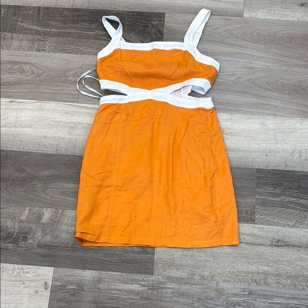 🌷🍁MINKPINK Orange Sheath Mini Dress Square Neck Sleeveless - Picture 3 of 4